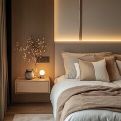 A cozy bedroom features a warm and inviting nighttime scene