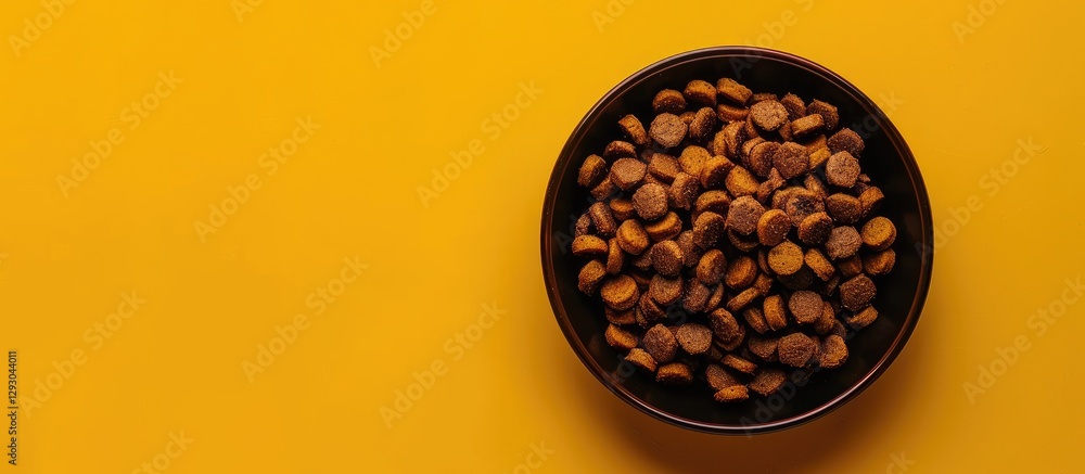 Poster top view of a black bowl filled with brown dog food on a vibrant yellow background, ample space for 