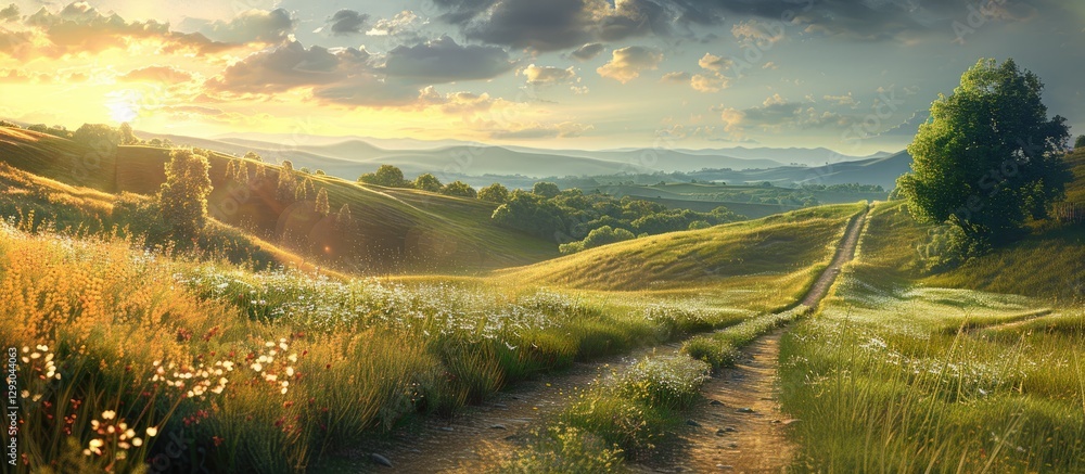Poster serene country path stretching through vibrant green rolling hills under a golden sunset sky with so