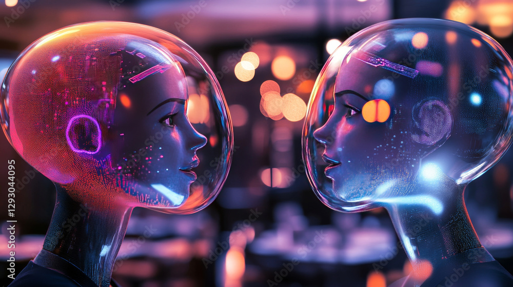 Poster futuristic ai chatbots with glowing elements face each other in vibrant setting