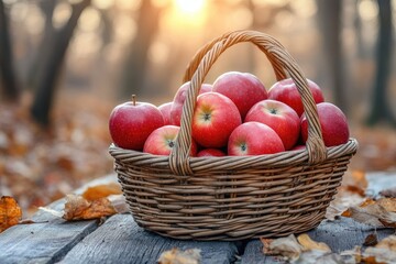 Wicker basket brimming with red apples in autumnal orchard