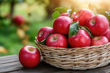 Wicker basket brimming with freshly picked red apples at sunset