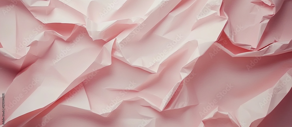 Poster pink textured crumpled paper creating a soft backdrop with subtle folds against a bright white surfa