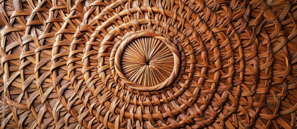Aufkleber Intricate rattan texture showcasing concentric circular patterns in warm brown tones with detailed bamboo weaving elements at the center.