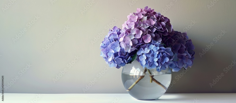 Aufkleber Elegant still life showcasing a blue violet hydrangea flower arrangement in a clear round vase on a soft gray backdrop with ample copy space.