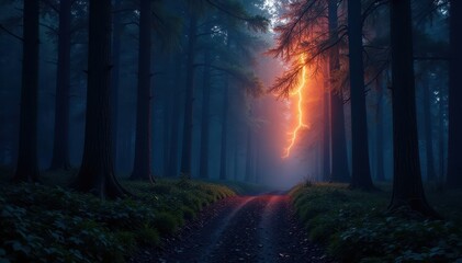 Obraz premium Dark forest trail, lightning illuminates trees, eerie, scary