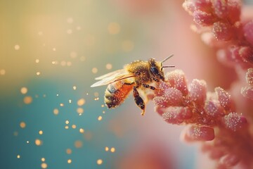 Naklejka premium Close-Up of Bee Pollinating Flower with Dreamy Soft Focus Background