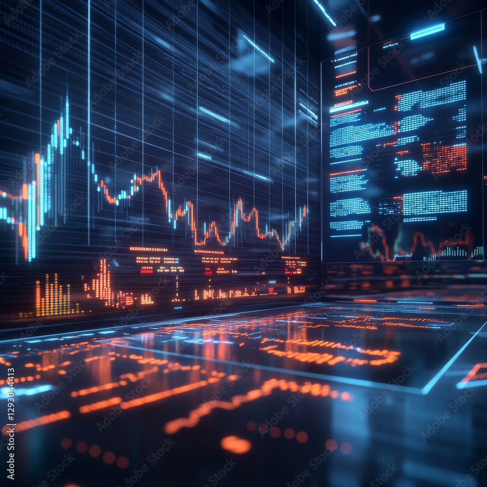 Poster futuristic stock market dashboard with glowing data visualizations and graphs