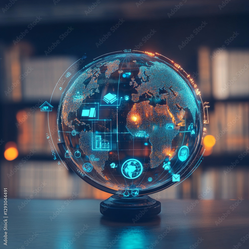 Poster glowing globe with educational icons representing global knowledge and technology