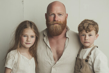 Strong red-bearded father with his two children in linen clothing, light background, medium shot