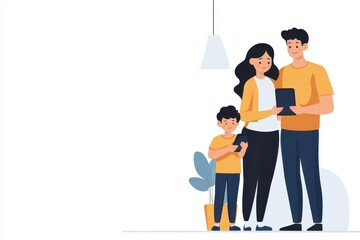 Fototapeta premium Family Togetherness at Home with Technology and Smiles in Modern Living Space Illustration