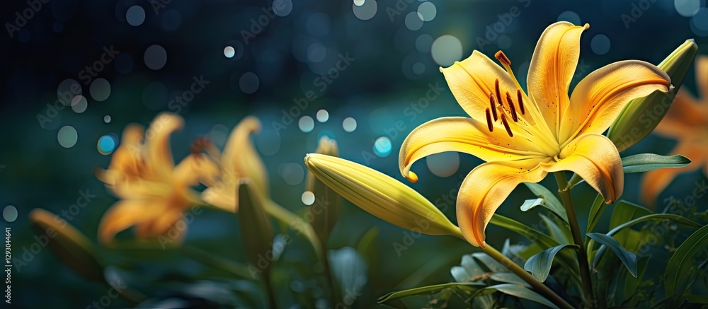 Aufkleber Vibrant yellow lilies in a lush garden setting with soft bokeh effect and a dark blurred background showcasing floral beauty and serenity