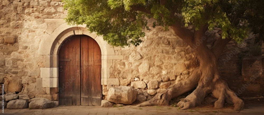 Poster arched wooden door on old stone wall with textured surface and large tree root, soft earth tones, in