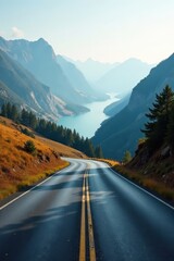 Fototapeta premium Empty road curves through valley, misty Lake District peaks , peaceful, white, landscape