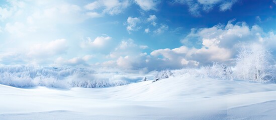 Winter landscape showcasing a vast white snowy terrain under a bright blue sky with soft clouds on the horizon creating a tranquil serene atmosphere