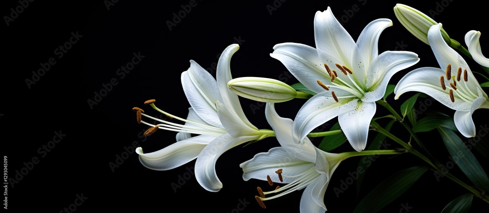 Aufkleber elegant white lilies in full bloom against a black background with ample copy space on the left for 