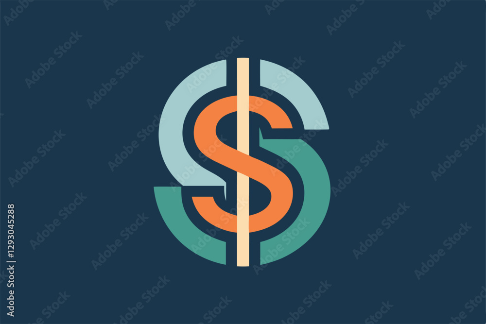 Poster a modern logo showcases a dollar sign using simple shapes and a minimalist font in a dark setting, d