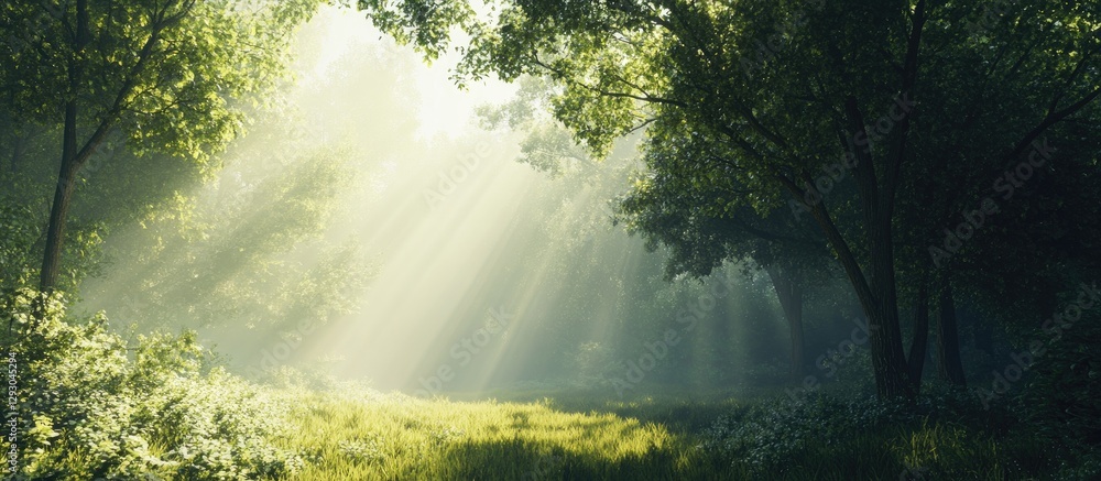 Poster scenic panorama of a lush green forest with sunlight beams filtering through vibrant deciduous folia