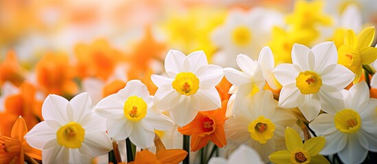 Fototapeta premium Colorful spring narcissus flowers in close-up featuring vibrant yellow, white, and orange hues, softly illuminated by warm sunlight in a garden setting.