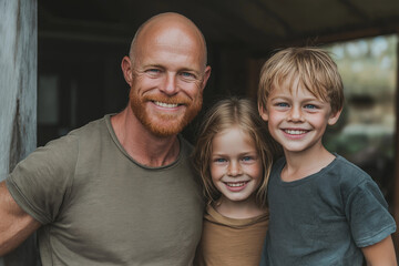 Red-bearded father with his two children in natural cotton shirts, rural outdoor setting