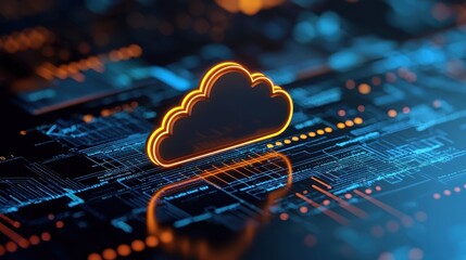 Digital Cloud Icon Overlaying Abstract Futuristic Technology Network Background