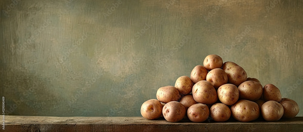 Aufkleber freshly harvested potatoes arranged in a pyramid on a rustic wooden table against a textured green-b