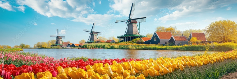 Poster stunning tulip fields bloom alongside classic windmills in a picturesque countryside setting in spri