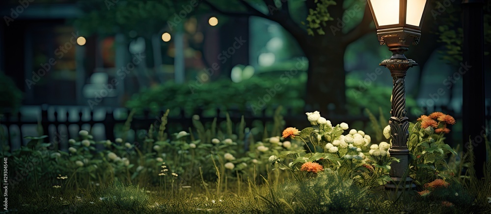 Poster Lawn decoration with an ornate lightpole illuminating a lush garden filled with colorful flowers and greenery under a serene evening setting.