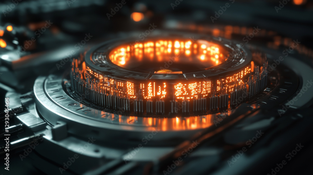 Poster mesmerizing depiction of quantum computing circuit with glowing orange lights and intricate metallic