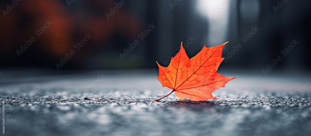 Poster vibrant orange-red maple leaf centered on wet asphalt with a blurred background showcasing soft focu