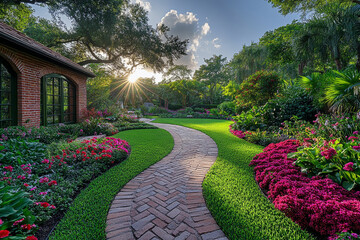 Obraz premium Sun-Drenched Garden Path, A Serene Brick Pathway Through Lush Blooms