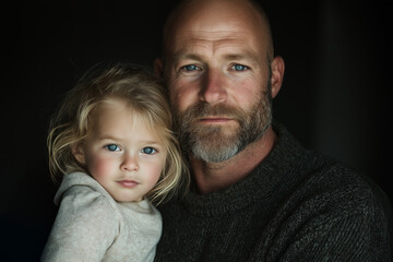 Bearded father and daughter in warm sweaters, serious expressions, dark background, close-up