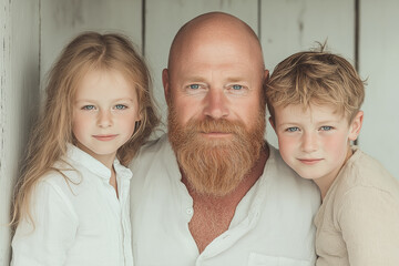 Red-haired father with his two children in linen clothing, rustic wooden background, close-up portrait