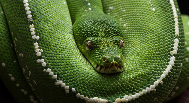 Green tree python coiled up with striking yellow eyes
