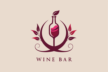 An artistic logo featuring a wine bottle and leaves, perfect for branding a classy wine bar setting, Design a sleek and sophisticated logo for an event marketing agency