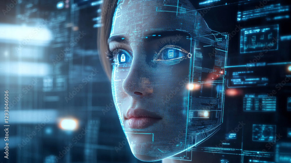 Poster modern tech savvy artwork showcasing ai with digital features and data