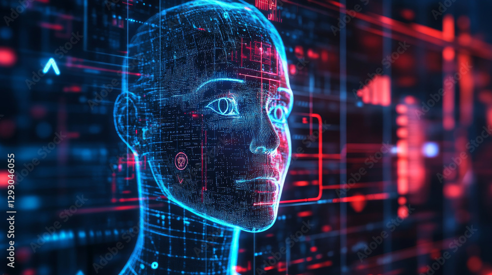 Poster modern digital artwork showcasing ai face with glowing features and data patterns
