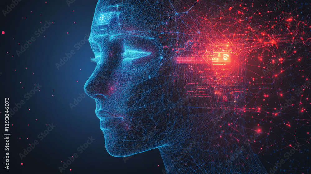 Poster modern artwork showcasing ai with digital network, glowing features, and data visualization