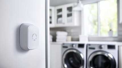 Carbon monoxide detector in a laundry room near a gas dryer. Featuring monitoring and prevention