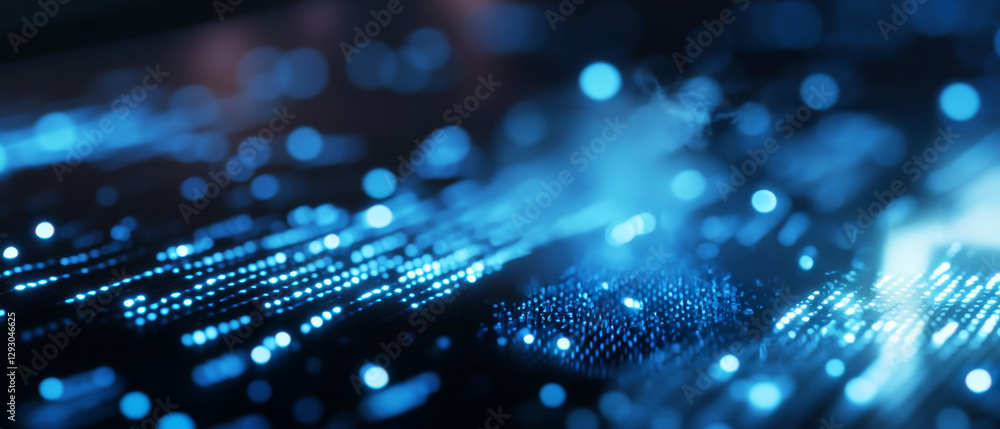 Poster sleek digital assistant device emitting soft blue glow, showcasing vibrant data streams and light pa