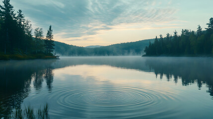 Fototapeta premium ripples on a calm lake reflecting the soft morning light 