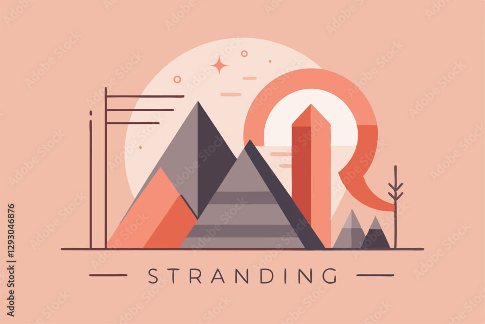 Poster the artwork showcases a minimalist design with mountains, a monolith, and abstract elements in soft 