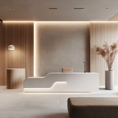 The interior design of the office reception desk is modern