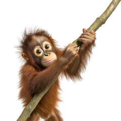 Young orangutan reaching for branch in soft lighting playful mood