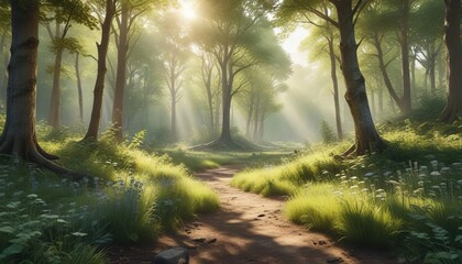 Obraz premium Sunlit glade in a watercolor woodland setting, sunlit, spring