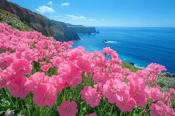  Vibrant Bloomscape, Coastal Cliffs Adorned with a Sea of Pink Blossoms © Riza