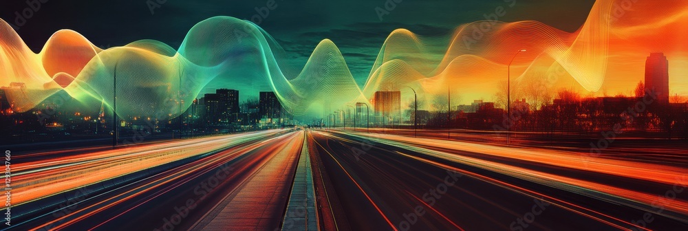 Poster Busy urban road with vibrant sound waves visualized above in an abstract display during twilight hours. Generative AI