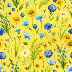 Yellow background with a blue and yellow flower pattern. Seamles pattern. Pattern. Art. Clipart. Background. Vector. Illustration