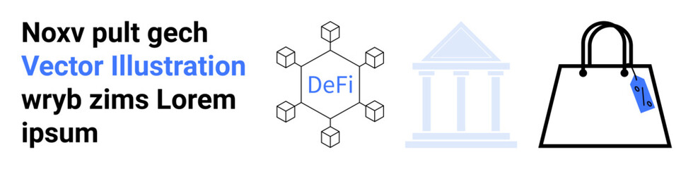 Fototapeta premium Decentralized finance network and bank illustration showing connectivity and commerce. Ideal for fintech, blockchain, e-commerce, banking, technology, financial systems, flat landing page banner
