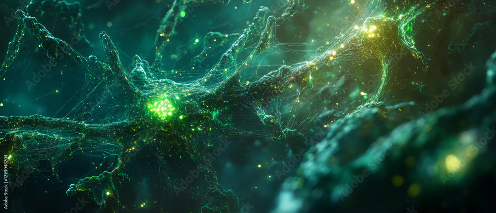 Poster intricate web of glowing connections resembling neural networks, showcasing vibrant green lights and